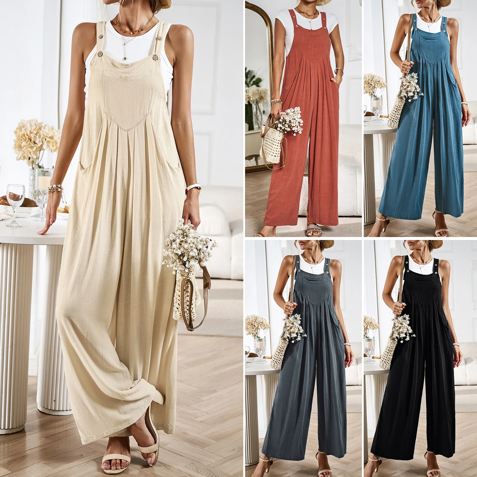 Top Trends: Adjustable Straps Loose Overalls Fashion Casual Button Wide Leg Straight Jumpsuit Summer Sleeveless Trousers With Pockets Romper Shoppable Styles