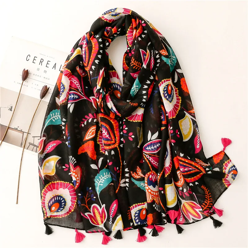 Top Trends: Autumn Fashion Brand Bohemian Ethnic Floral Tassel Viscose Shawl Scarf Lady Soft Pashmina Hijabs And Wraps Bufandas Muslim Sjaal Shoppable Styles