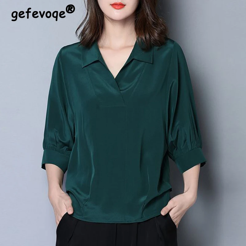 Top Trends: Women Silk Satin Simple Elegant Blouses Summer Korean Fashion V Neck Half Sleeve Casual Shirts Solid Loose Pullover Ladies Tops Shoppable Styles