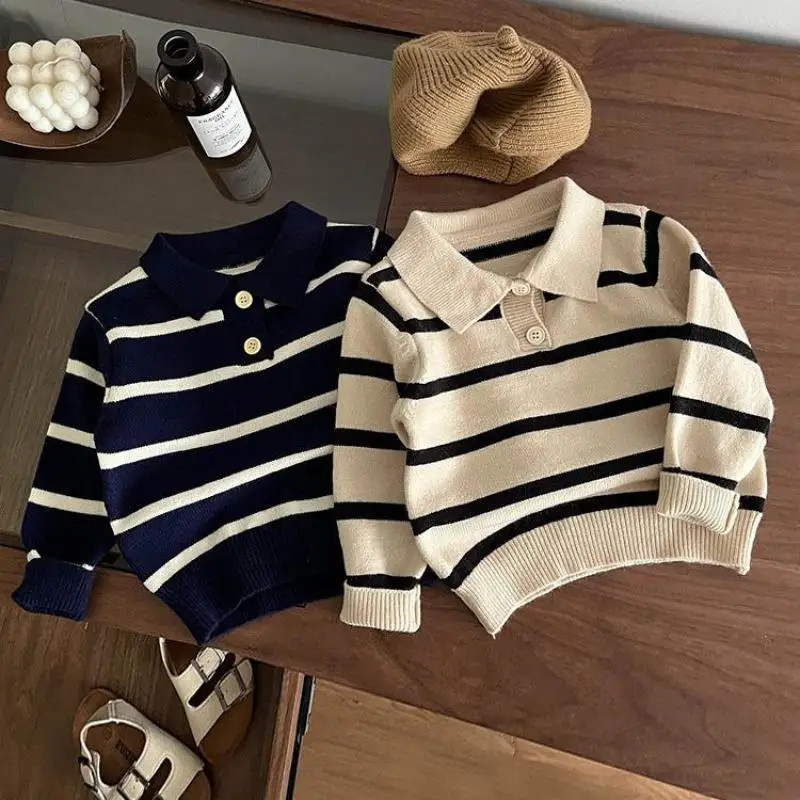 Top Trends: Autumn New Baby Long Sleeve Knit Sweater Winter Warm Polo Collar Sweater For Boys Girls Fashion Infant Striped Sweater Shoppable Styles