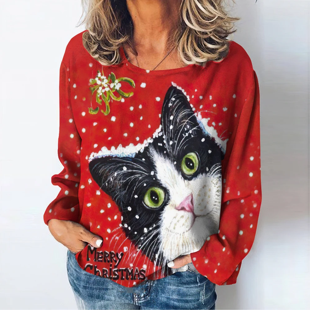 Top Trends: Rad Cat Print Long Sleeve T-Shirt For Women Kawaii Cute Tops Autumn Casual O-Neck T-Shirts Fashion Christmas Pullover Tee Shirt Shoppable Styles