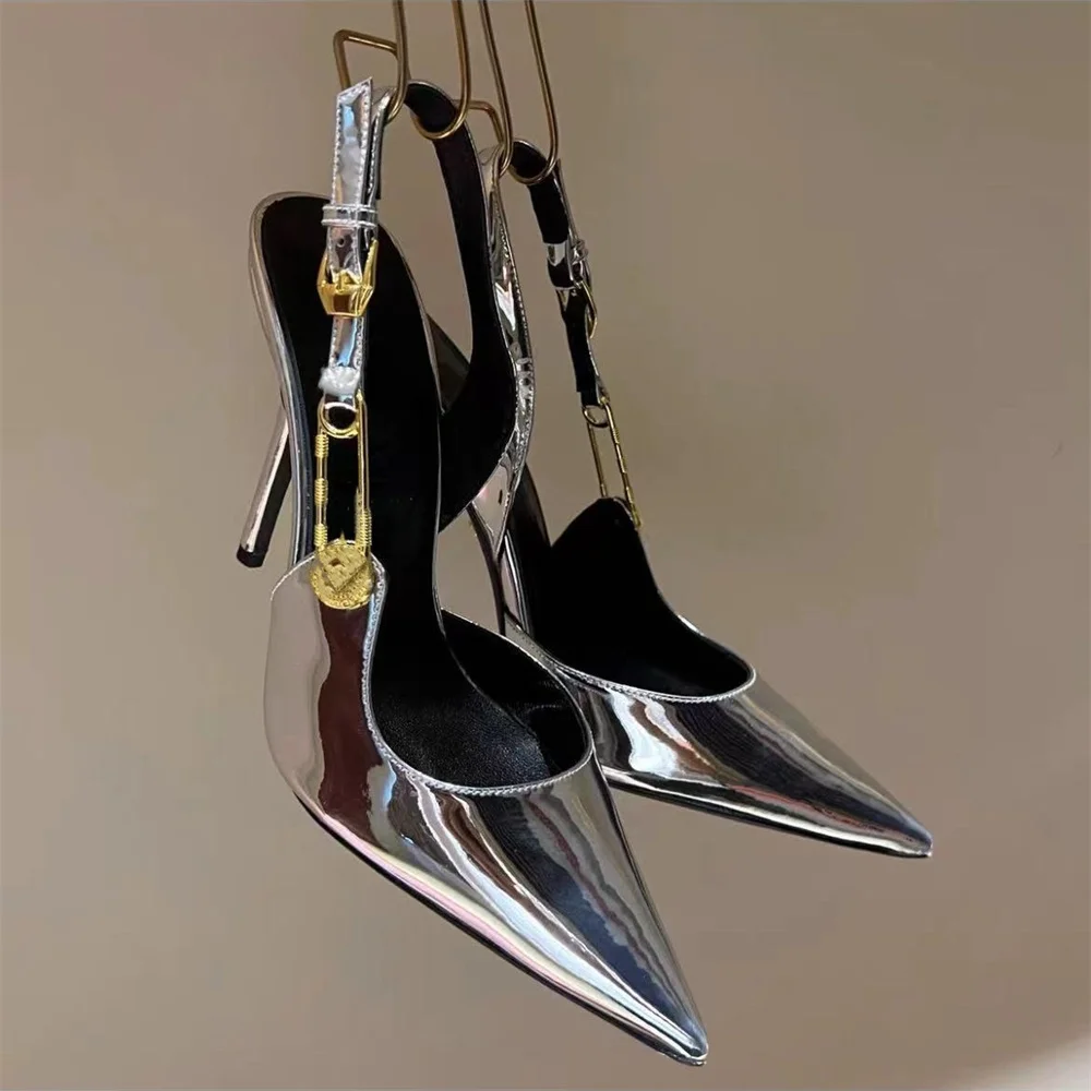 Top Trends: Fashion Women Patent Leather High Heels Shoes Sexy Pointed Toe Metal Buckle Stiletto Sandals Lady Pink Rhinestone Shallow Pumps Shoppable Styles