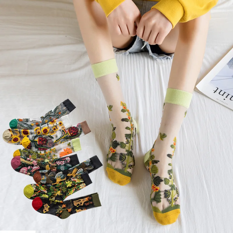 Top Trends: Women Mid Tube Socks Summer Flowers Transparent Mid-calf Gauze Fashion Ultra Thin Ice Glass Filament Lace Crystal Silk Socks Shoppable Styles