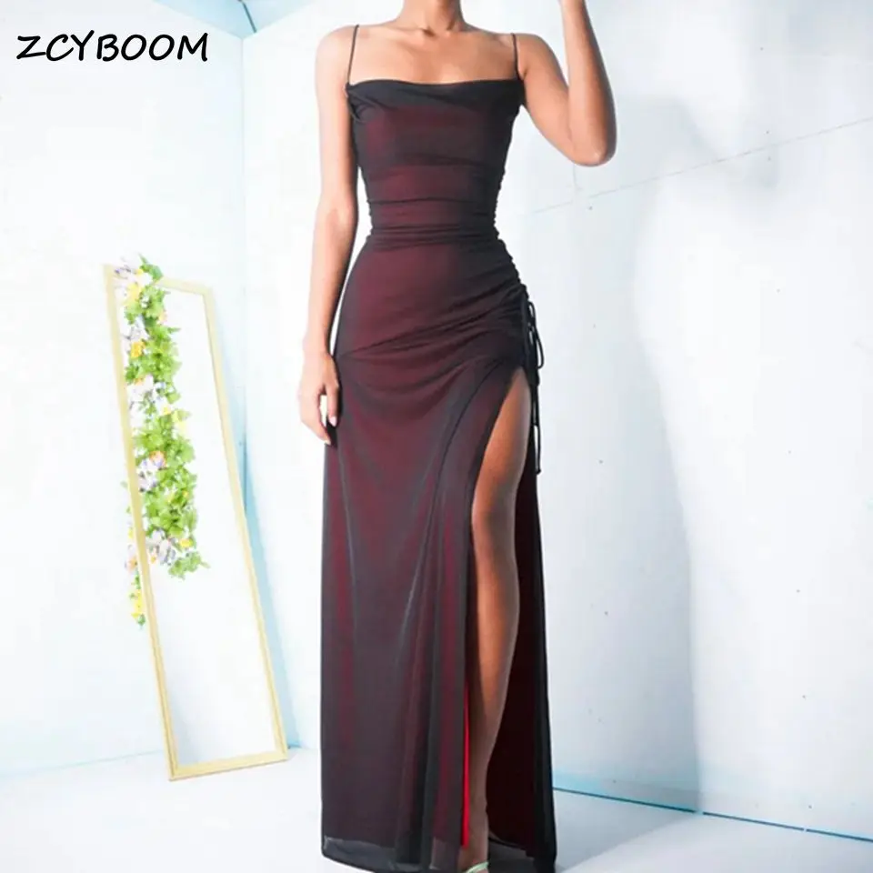 Top Trends: Dark Red Spaghetti Straps Tulle Mermaid Prom Gown 2023 Sexy High Side Slit Cocktail Party Floor Length Evening Dresses For Women Shoppable Styles