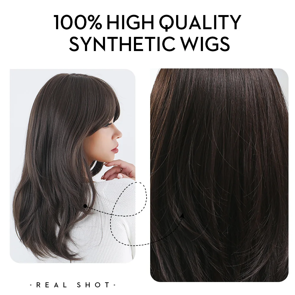 Top Trends: Black Brown Wig With Side Bangs Medium Length Synthetic Wigs Natural Layered Hair For Women Party Cosplay Heat Resistant Fibre Shoppable Styles - Image 4