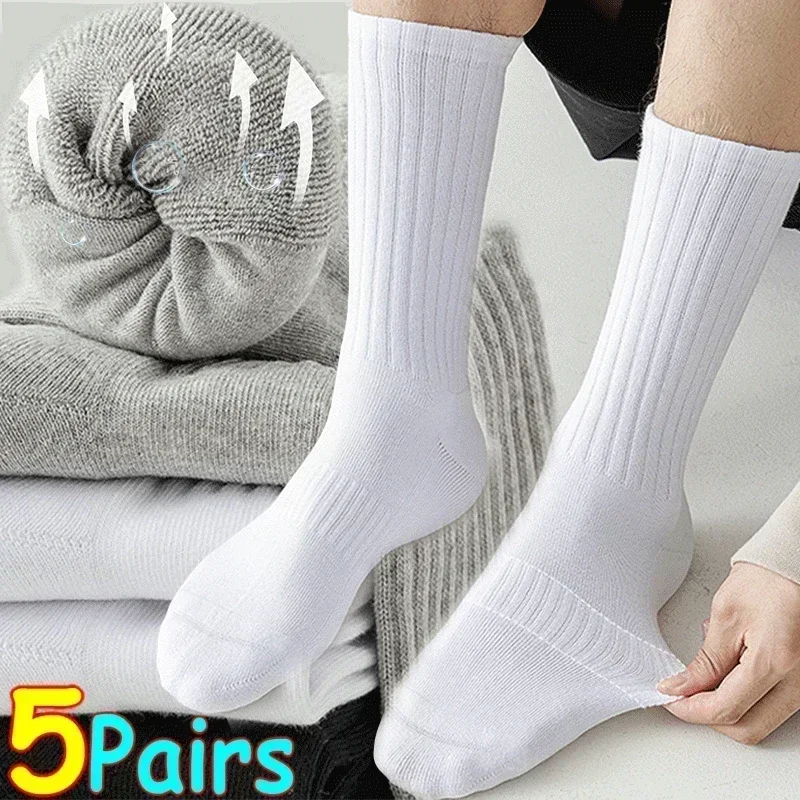 Top Trends: 1 / 5pairs High Quality Black White Pure Color Cotton Unisex Sock Office Sport Business Anti-Bacterial Deodorant Men Long Socks Shoppable Styles