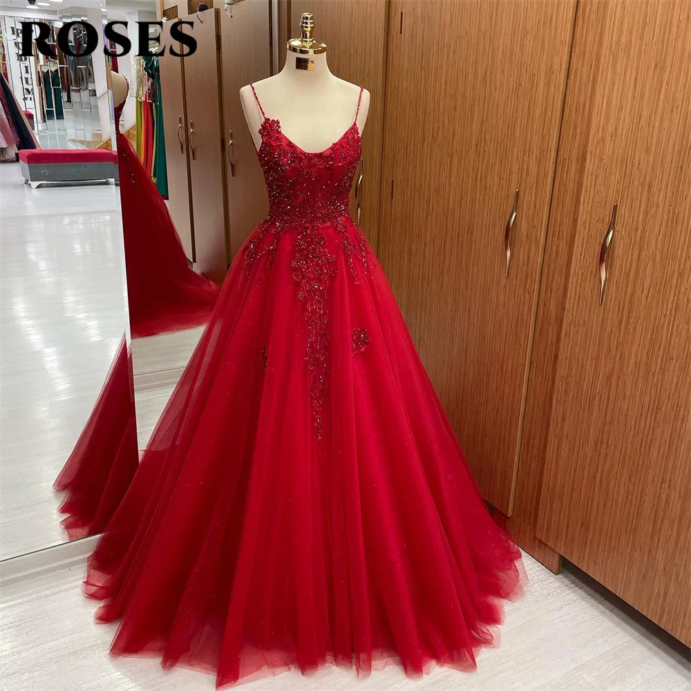 Top Trends: ROSES Spaghetti Strap A Line Special Occasion Dresses Appliques Lace Formal Gown Long Beading Evening Dress Vestidos De Fiesta Shoppable Styles