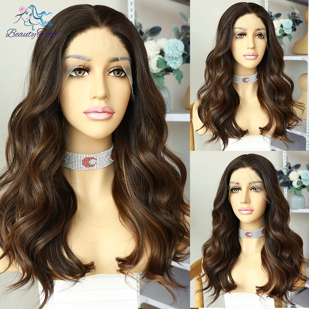 Top Trends: Brown 13x3 Synthetic Lace Front Wig Short Wavy Wig Ombre Brown Highlight Colored Wig For Women Straight Daily Use Cosplay Wig Shoppable Styles