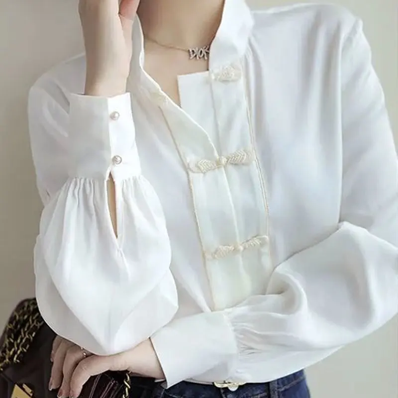 Top Trends: 2024 New Vintage Solid Color Stylish Chinese Disc Buckle Blouse Spring Autumn Single-breasted Female Clothing Stand Collar Shirt Shoppable Styles