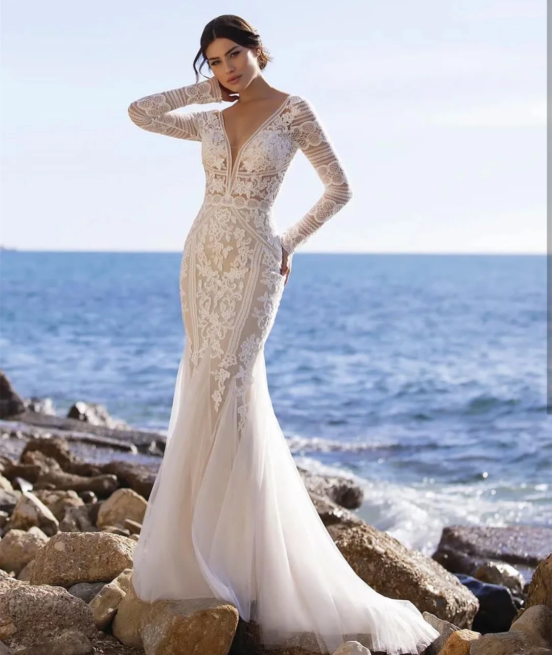 Top Trends: JEHETH Beach Mermaid Wedding Dress Long Sleeve V-Neck Lace Applique Sexy Open Back Bride Gown Sweep Train Vestidos De Noiva Shoppable Styles