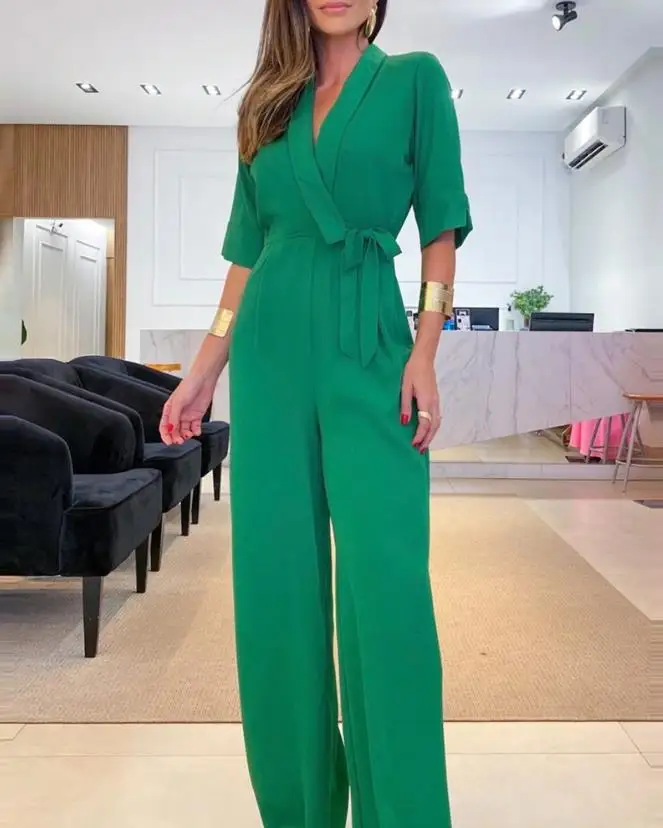 Top Trends: Half Sleeve Wide Leg Work Jumpsuit Summer Women&#039;s Bodysuit 2023 New Fashion Elegant Office High Waist V-Neck Lace Up Style Shoppable Styles