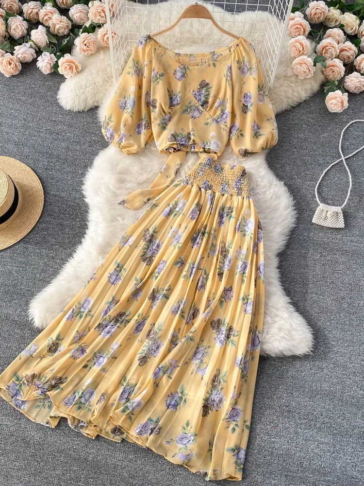 Top Trends: New Women Elegant Floral Skirt Set Female Sleeveless Top &amp; A-Line Midi Skirt Female Casual Suits 2022 Shoppable Styles