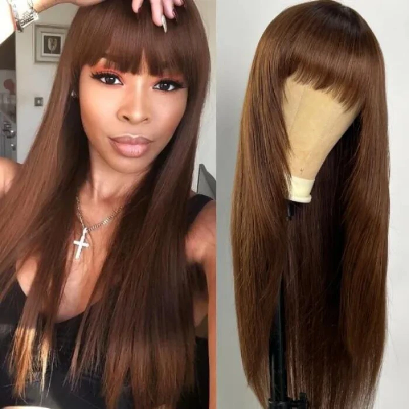 Top Trends: UNice Layer Cut Mocha Medium Brown Glueless Beginner Friendly Straight Wig With Bangs Wear And Go Cap Soft & Smooth Virgin Hair Shoppable Styles - Image 2