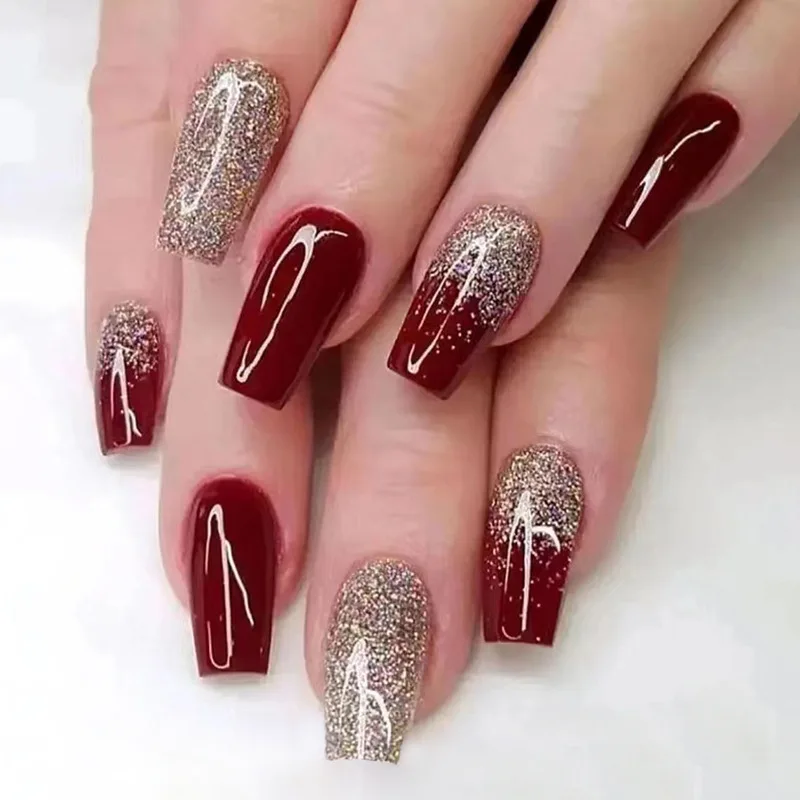 Top Trends: 24Pcs / Set Wine Red Long Ballet Fake Nails Gold Glitter Gradient Artificial Removable Acrylic Press On Nails Art Stick On Nails Shoppable Styles