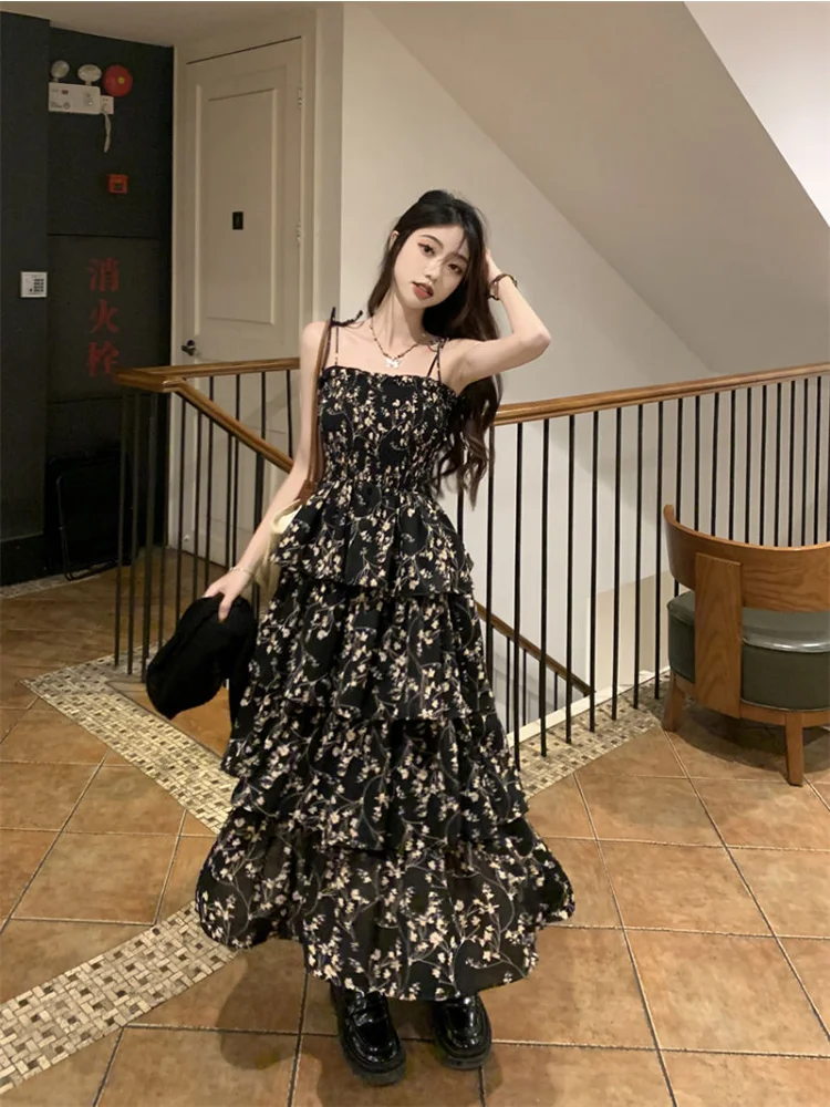 Top Trends: Deeptown Y2k Korean Style One Piece Floral Dress Women Vintage Elegant Layered High Waist Black Long Slip Fairy Dresses Summer Shoppable Styles