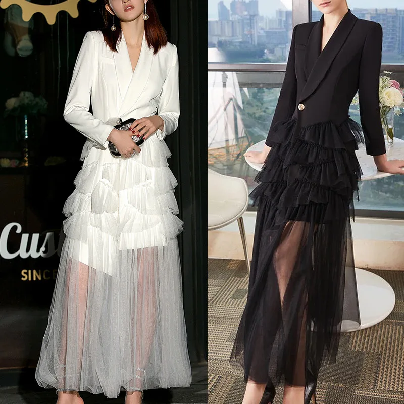 Top Trends: Designer Long Women Suit Blazer Tulle Prom Dress Stitching Party Gown One Button Formal Office Lady Jacket Outfit In Stock Shoppable Styles