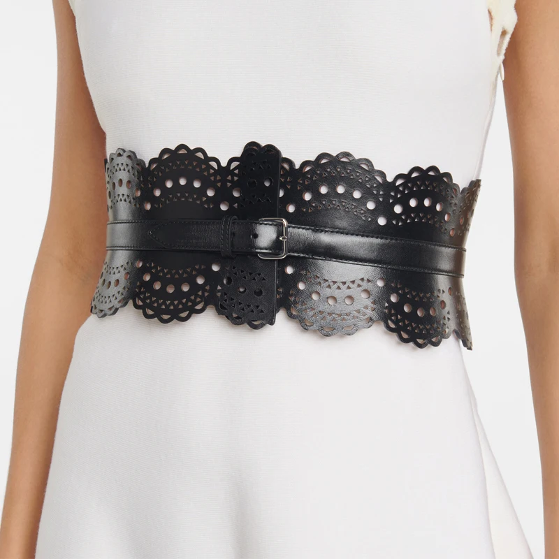 Top Trends: Cut Out Carved Leather Waist Closure Pin Buckle Leather Wide Belt Dress Waist Geometric Decoration Silver Buckle Wide Belt Shoppable Styles