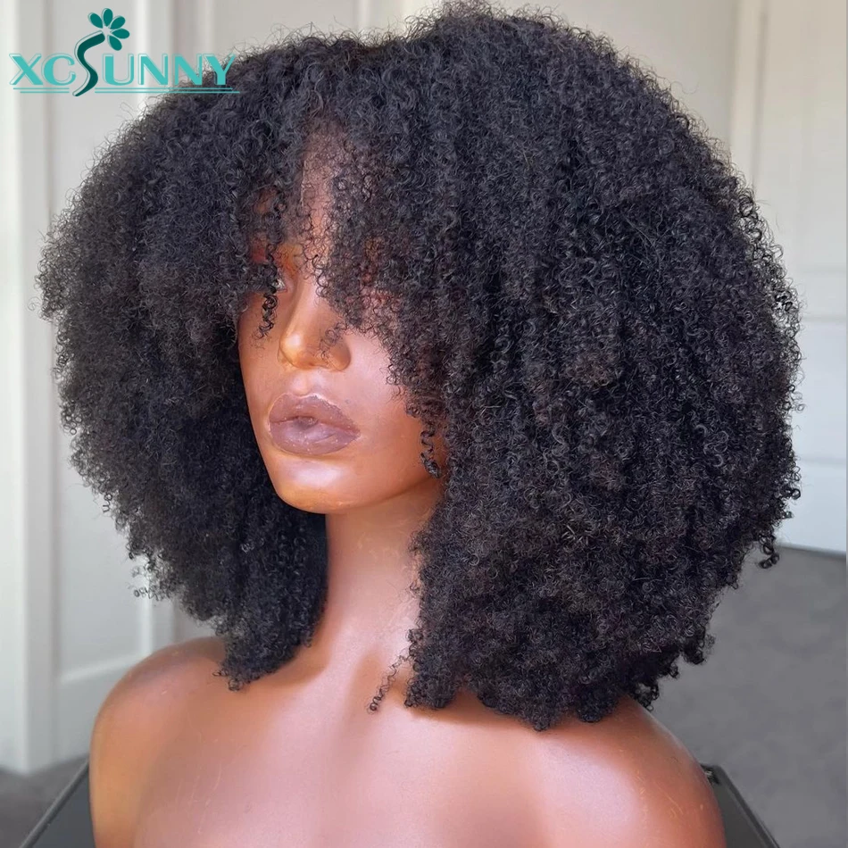 Top Trends: Afro Kinky Curly Wig Human Hair Wigs With Bangs Machine Made Scalp Top Wig For Women 200 Density Brazilian Bang Wig Xcsunny Shoppable Styles