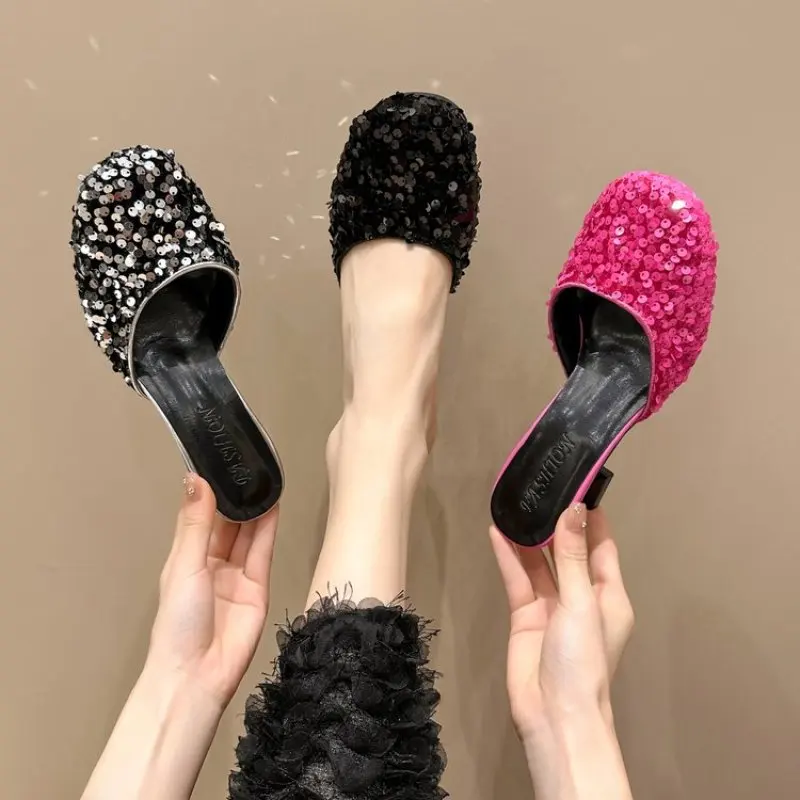 Top Trends: Fashion Sequin Pointed Toe Slides High Heels Students Half Slippers Summer Casual Beach Women Sandals Outdoor Mules Fine With Shoppable Styles