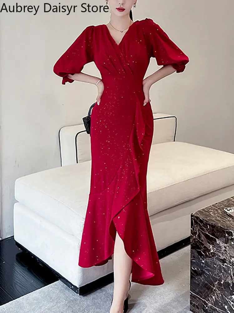 Top Trends: Elegant Midi Red Mermaid Dress Women Autumn Korean Sexy V-neck Irregular Sequins Dress Vintage Casual Evening Party Dress 2022 Shoppable Styles