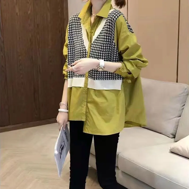 Top Trends: High Street Plaid Printed Patchwork Midi Blouse Casual Loose Single-breasted Spring Autumn Fashion Female Korean Polo-Neck Shirt Shoppable Styles