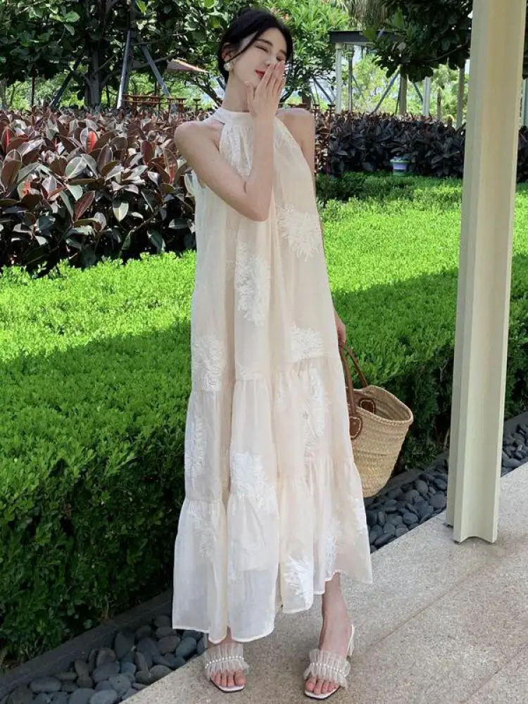 Top Trends: Summer French Temperament White Bohemian Seaside Resort Style Sexy Loose Hanging Neck Character Sleeveless Mid-length Dress Shoppable Styles