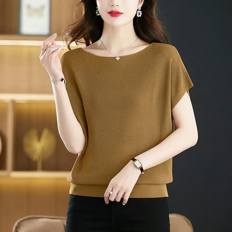 Top Trends: Korean Simple Commuting Versatile Loose Ice Silk Short Sleeve T-shirt Women's Solid Summer New One Line Neck Bat Sleeve Knit Top Shoppable Styles