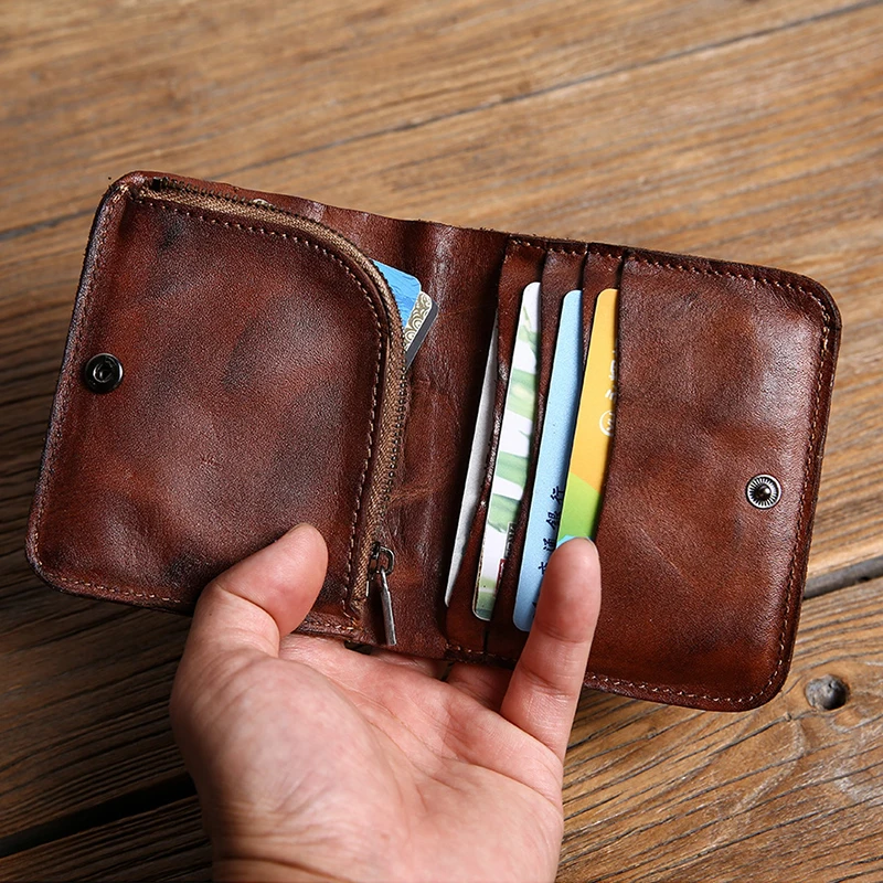 Top Trends: Men Original Leather Wrinkle Wallet Credit Card Zip Coin Pocket Mini Money Bag Slim Short Small Purse Minimalist Wallet For Male Shoppable Styles