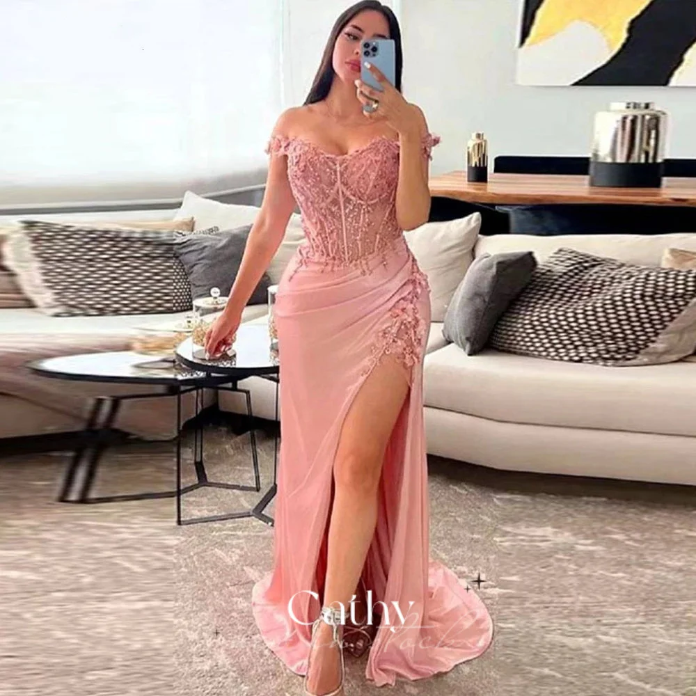 Top Trends: Cathy Baby Pink Prom Dresses Lace Appliques Sexy Side High Split Vestidos De Noche Off The Shoulder Sleeveless Cocktail Party Shoppable Styles