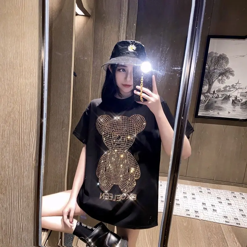 Top Trends: Gold Diamand Cotton Fashion Tops Shiny Rhinestone T-shirt Women's Short Sleeve 2022 Spring New Women's Clothing Fashion Shoppable Styles