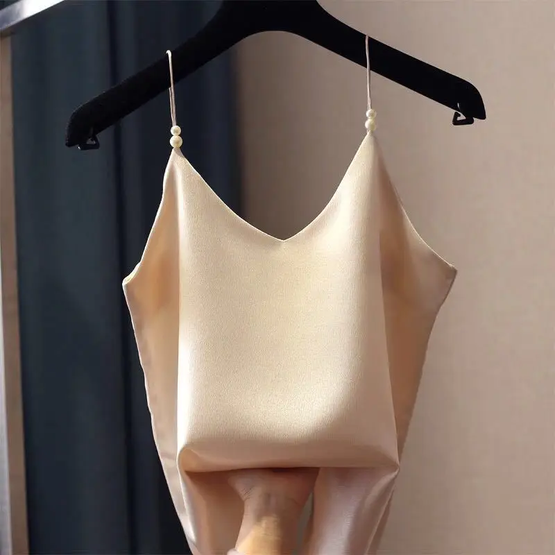 Top Trends: New Tank Top Pearl Halter Crop Tops Women Summer Satin Silk Camis Backless Camisole Fashion Tube Tee Female Sexy Sleeveless Vest Shoppable Styles