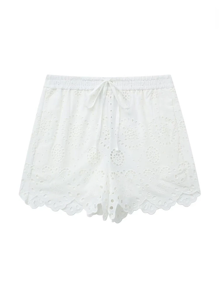 Top Trends: TRAF Women Fashion Cutwork Embroidery Shorts Summer Vintage High Elastic Waist With Drawstrings Female Casual Short Pants Mujer Shoppable Styles