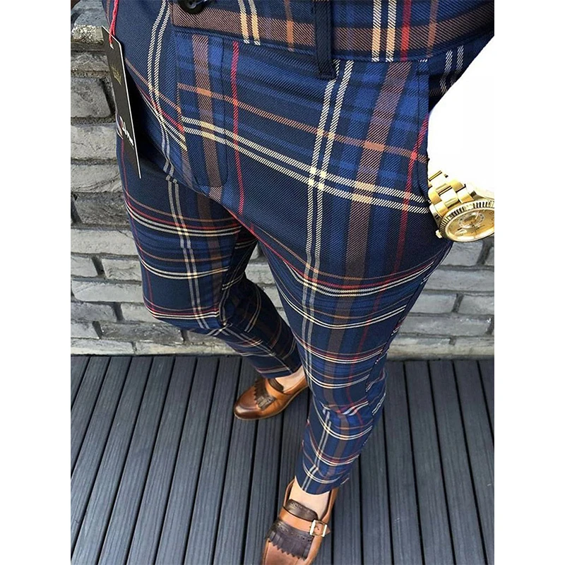 Top Trends: 2022 Spring Autumn Striped Mid Waist Slim Trousers Fashion Business Pencil Pants Men Casual Plaid Print Pants For Men Streetwear Shoppable Styles