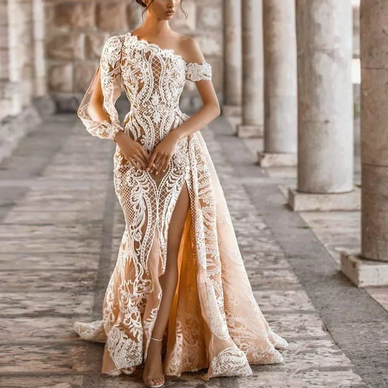 Top Trends: Graceful Wedding Dresses Champagne One Shoulder Thigh Slits Mermaid Bridal Gowns Long Sleeve Lace Appliques Vestidos De Novia Shoppable Styles - Image 2