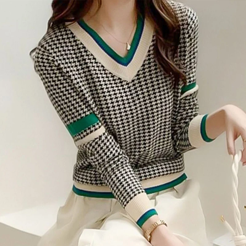 Top Trends: Autumn Winter Houndstooth Simple Fashion Sweater Women V-neck Outwear Casual Knitting Jumper Lady Top All-match Loose Pullover Shoppable Styles