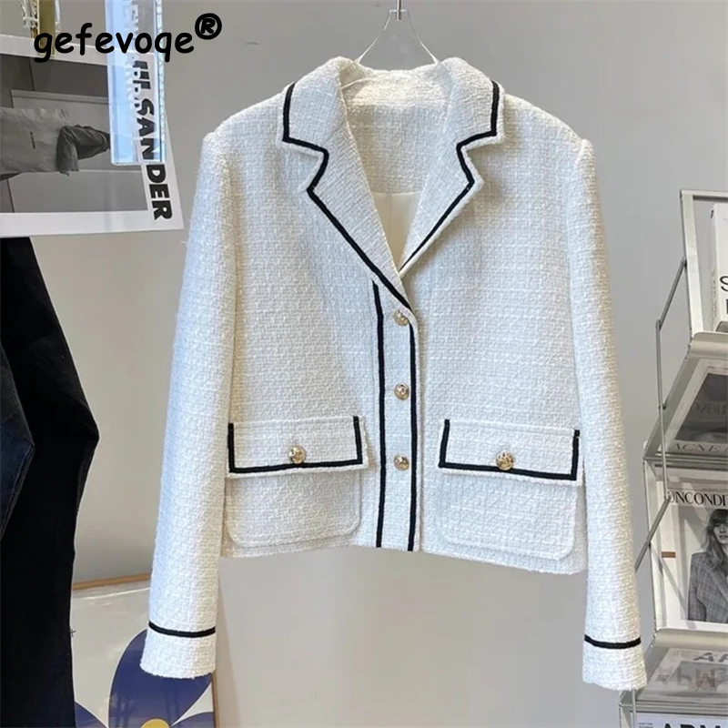 Top Trends: Women French Style Luxury Contrast Color Chic Tweed Jacket Retro Single Breasted Outewear Female Elegant Long Sleeve Blazer Coat Shoppable Styles