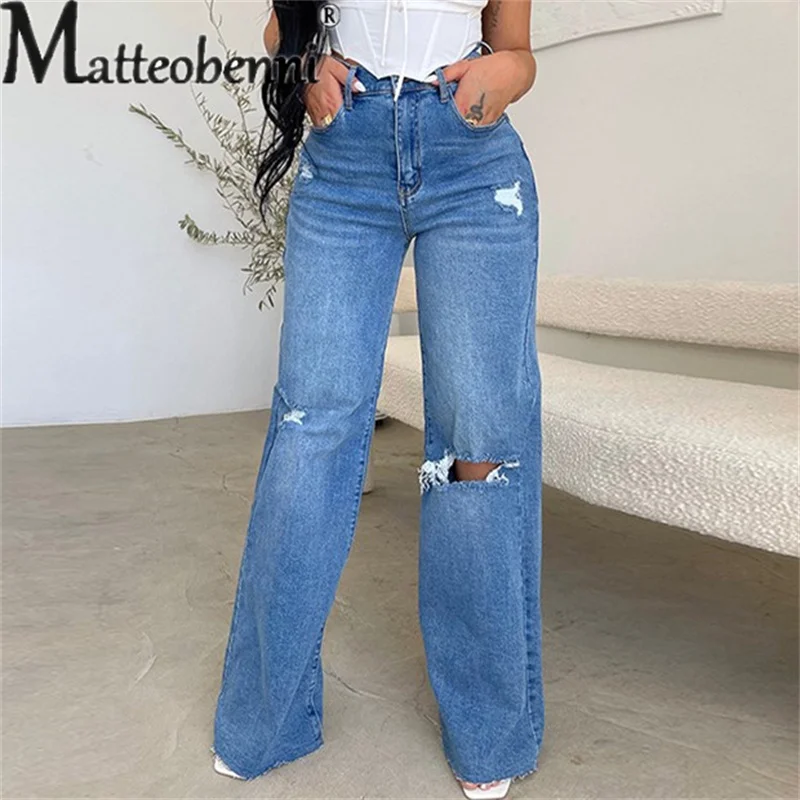 Top Trends: Fashion High Waist Street Versatile Jeans Women's Straight Wide Leg Denim Pants Female Daily Casual Basic Broken Holes Trousers Shoppable Styles