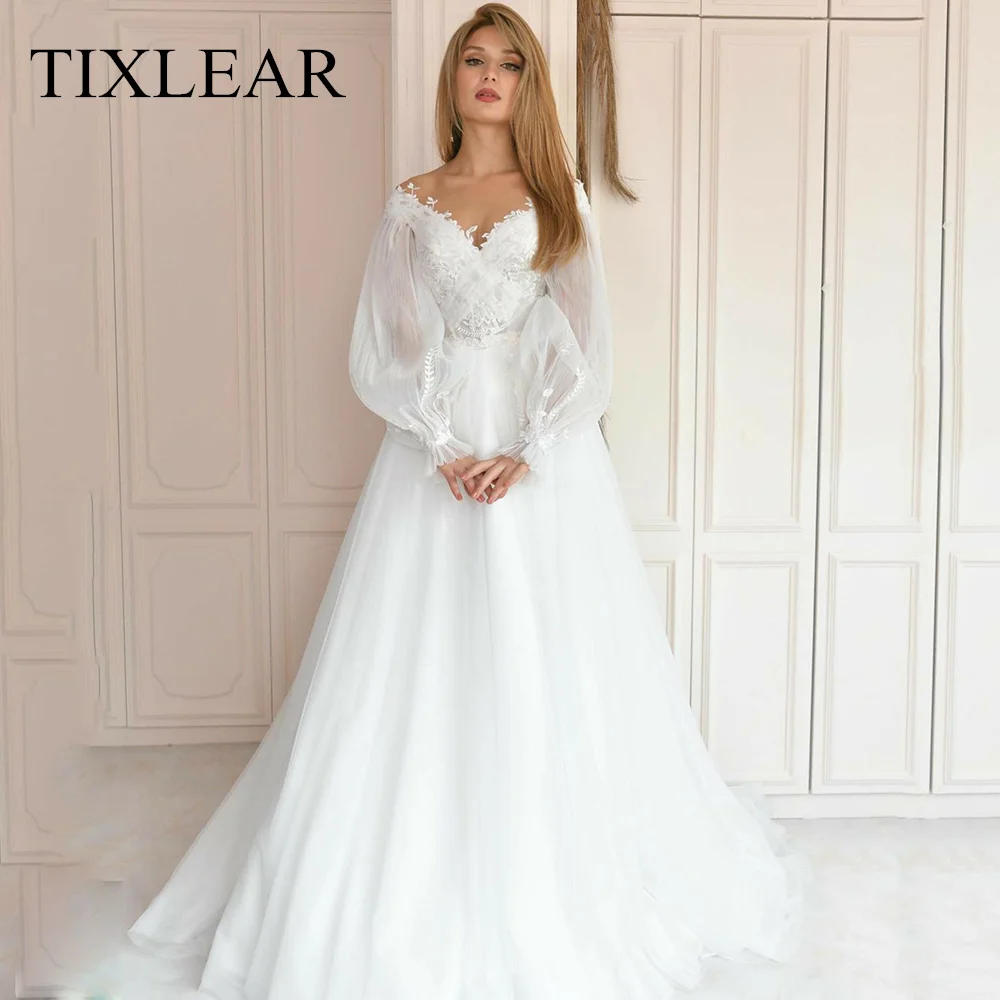 Top Trends: Tixlear A-Line Wedding Dress Lace Appliques V-Neck Long Lantern Sleeves Floor Length Romantic Bridal Gown Vestidos De Noiva New Shoppable Styles