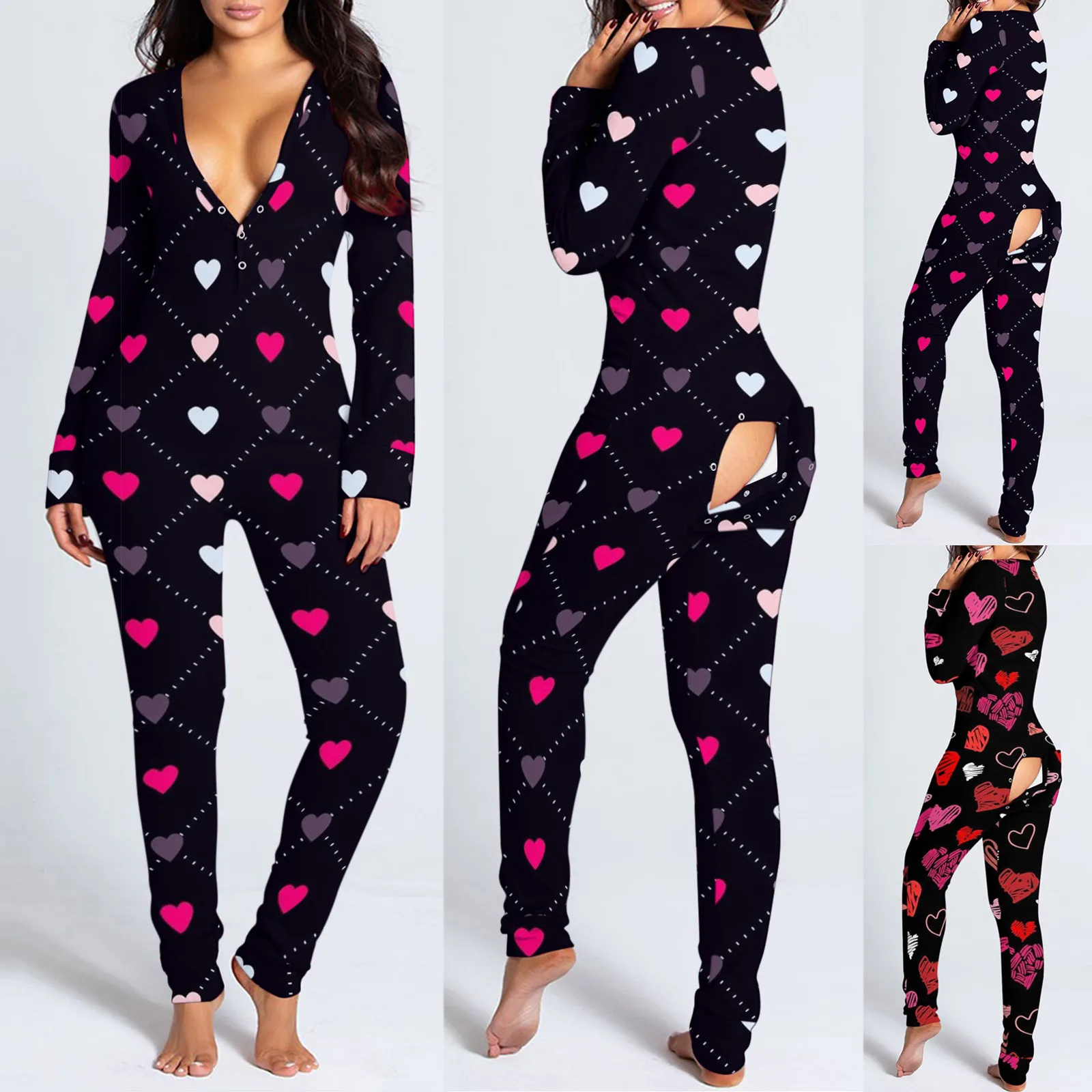 Top Trends: Sexy Pajama For Women New Year Jumpsuit Button-down Front Back Butt Bum Open Ass Flap Jumpsuit Valentine&#039;s Day Print Loungewear Shoppable Styles