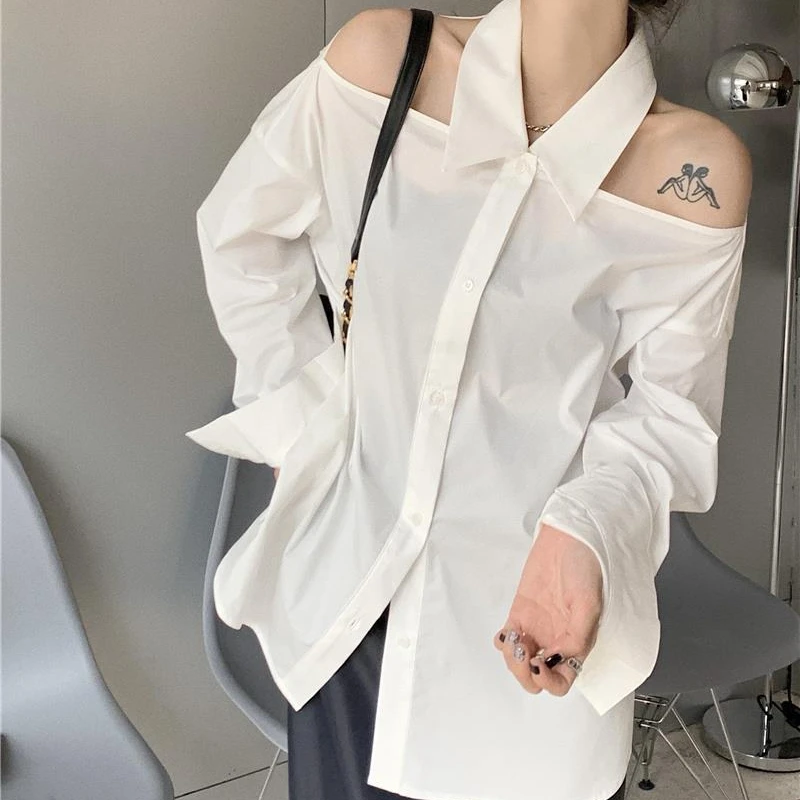 Top Trends: Deeptown Women Blouses White Off Shoulder Oversized Korean Fashion Sexy Chic Aesthetic Shirts Elegant Female Tops Streetwear Shoppable Styles