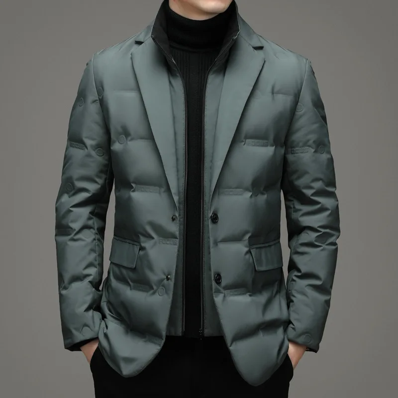 Top Trends: Men's Down Jacket 2023 Winter Black Green Youth Simple Double Button Casual Blazers Fashion Stand Collar Business Male Warm Coat Shoppable Styles