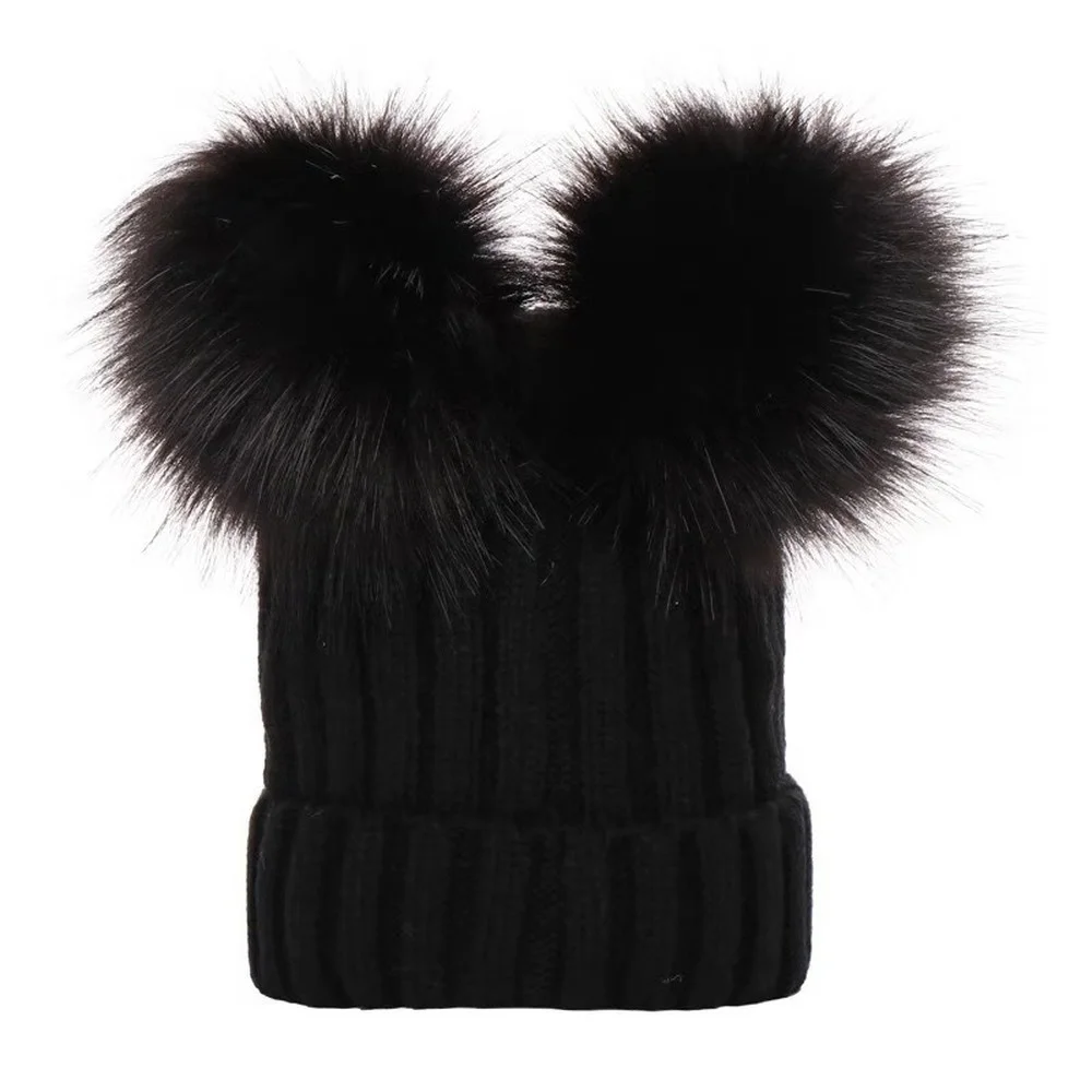 Top Trends: Children's Winter Warm Knitted Beanie Hat For Girls Double Pompom Baby Hats Solid Warm Cute Furry Balls Bonnet Cap Kids Gifts Shoppable Styles - Image 4