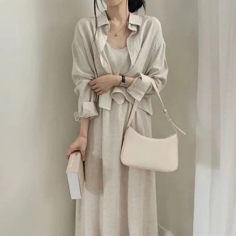 Top Trends: Korean Chic Summer Dress Sets Women Loose Long Sleeve Shirts+ Sleeveless Strap Long Dress Two-piece Set New In Matching Sets Shoppable Styles