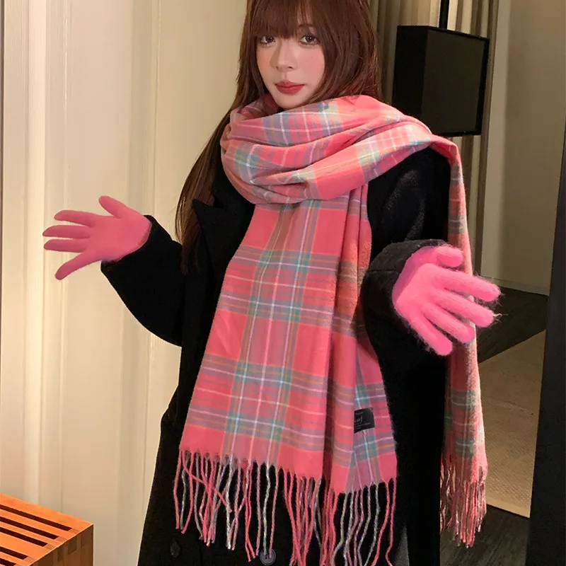 Top Trends: 2023 Gentle Christmas Ins Style Pink Girl Tassel Scarf Female Winter Plaid Shawl Korean Version Of The Scarfs Thickening Shoppable Styles