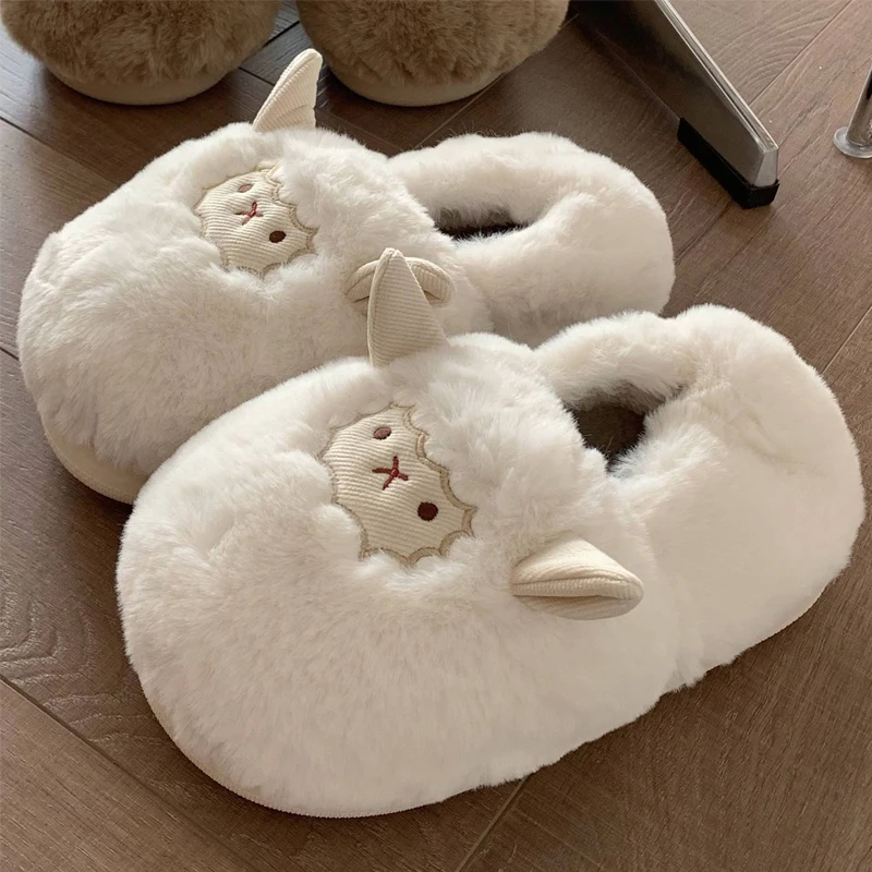 Top Trends: Comwarm Cute Lamb Furry Slippers Women Winter New Cartoon Thick Plush Slippers Female Bedroom Soft Cozy Warm Fluffy Home Shoes Shoppable Styles - Image 2