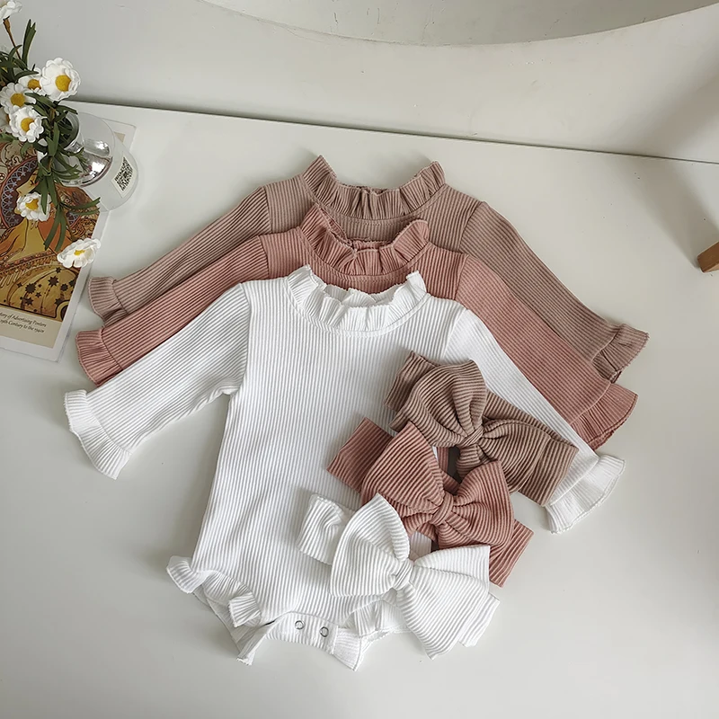 Top Trends: Fashion Toddler Baby Girls Romper Outfits Set Cotton Ribbed Flared Sleeve Jumpsuit + Bow Headband Sweet New Born Infant Clothing Shoppable Styles