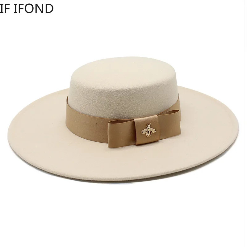 Top Trends: 2022 Autumn Winter French Ladies White Bownot Flat Top Fedora Hat 10CM Brim Banquet Elegant Felt Hat Wedding Dress Cap Shoppable Styles