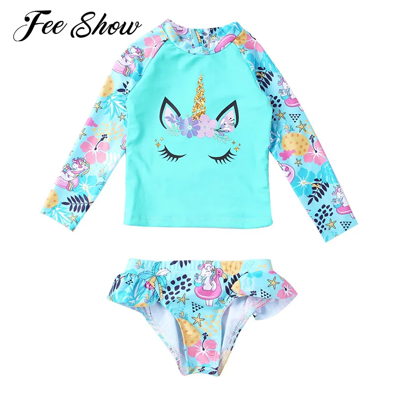 Top Trends: Kids Girls Brazilian 2Pcs Swimming Suit Swimwear Long Sleeve Cartoon Horse Print Tops Briefs Bikinis Set Beachwear Bathing Suits Shoppable Styles