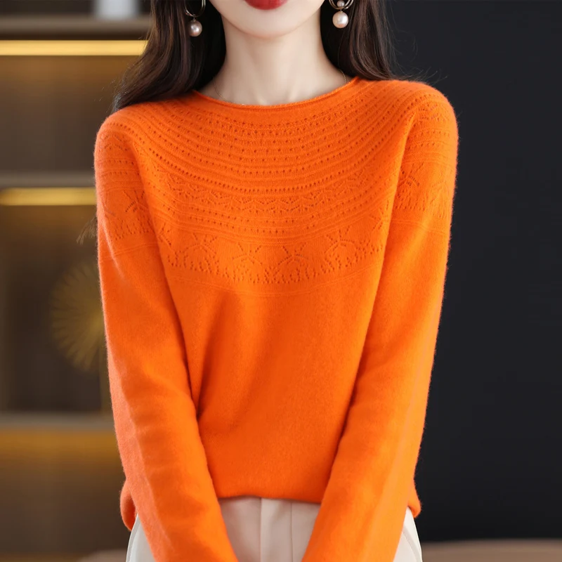 Top Trends: Trendy Style One-Line Ready-To-Wear Pure Wool Sweater Women's Hollow Knitted Pullover Autumn And Winter Rolled Edge O-Neck Top Shoppable Styles - Image 2