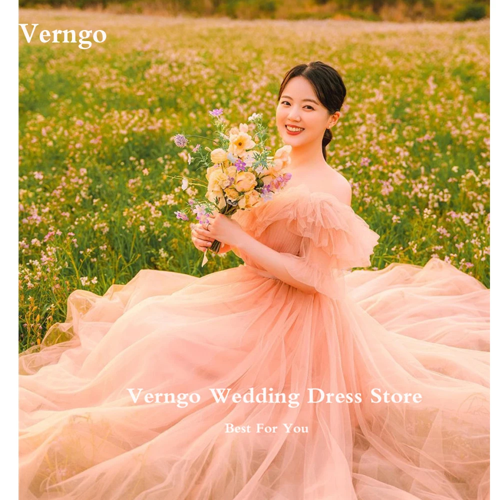 Top Trends: Verngo Elegant Off The Shoulder Blush Pink Tulle Long Prom Dresses Sleeves Korea Lady Party Bride Dress Evening Gown Mariage Shoppable Styles